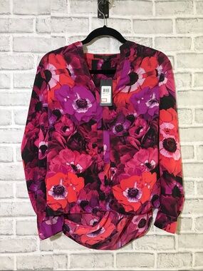 GUESS Jeanaly Drape Top Floral Blouse XS NWT Vibrant Pink Red- size XS